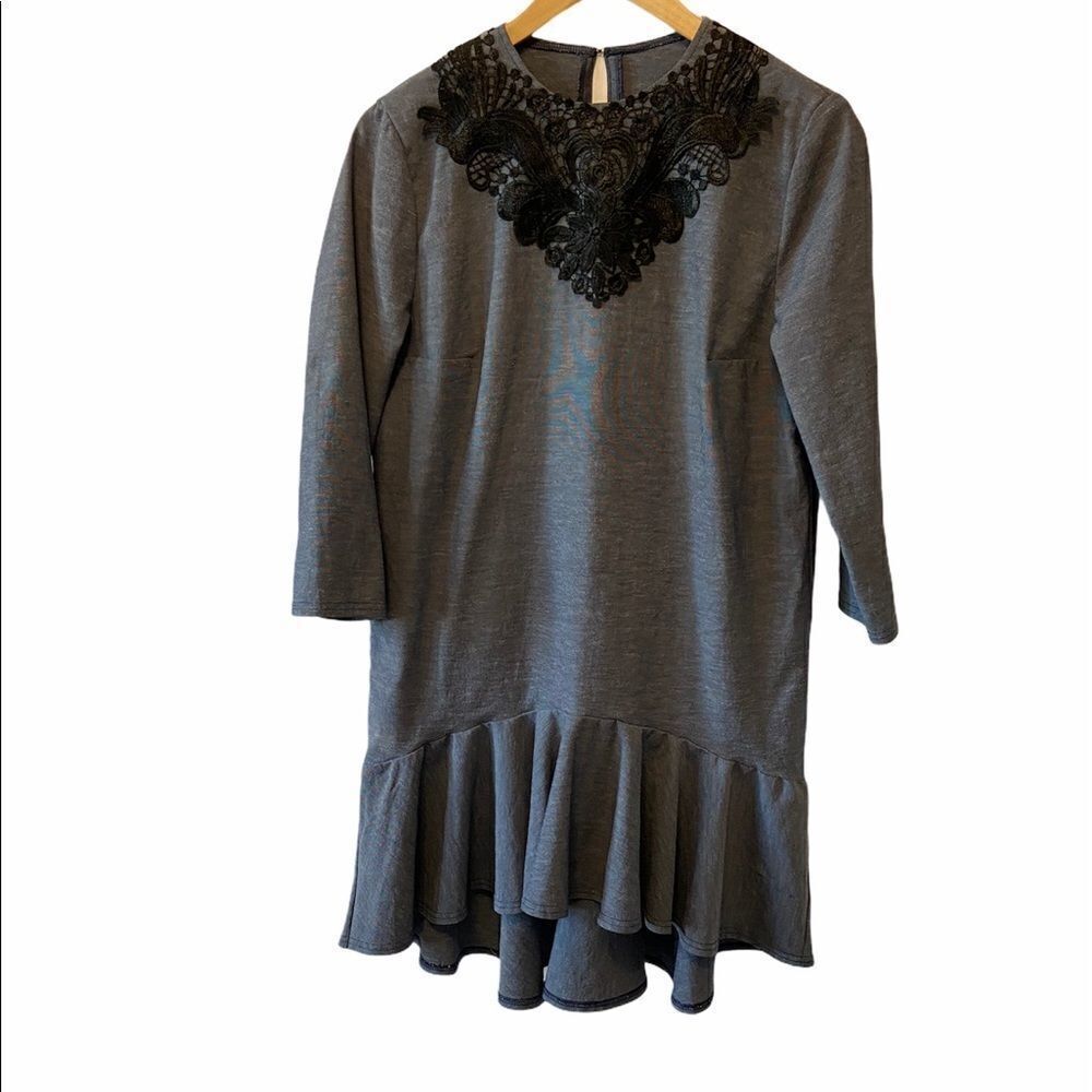 Blue Ruffle Lace Trim Collar Loose Fit Dress
